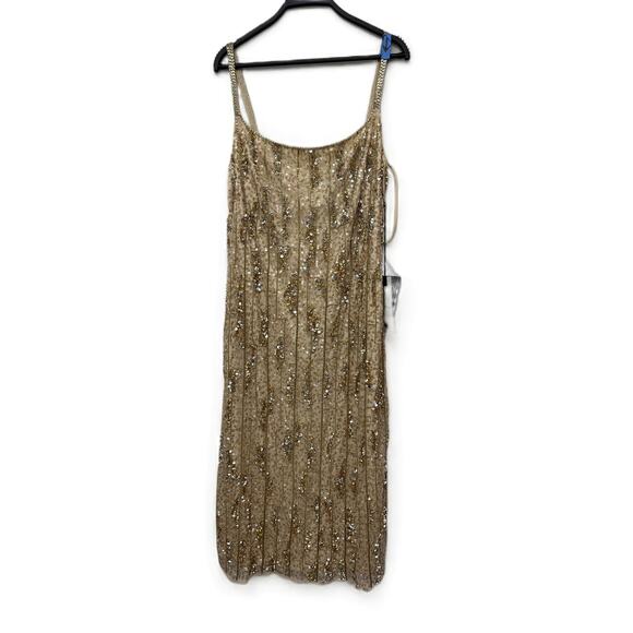 New Mac Duggal Nude Gold Sleeveless Sequined Mesh Overlay Dress 10770 Size 12